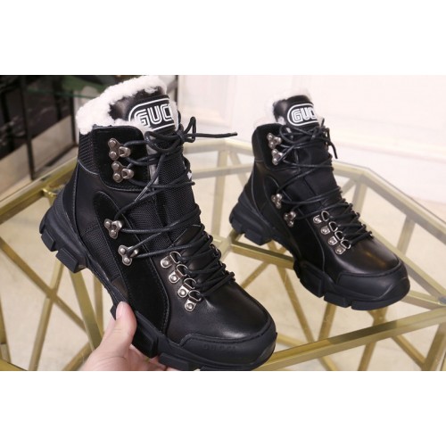 Mens Womens Gucci Flashtrek sneaker Black Leather with shearling lining