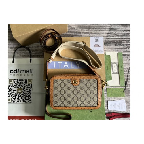 Gucci Ostrich trim shoulder bag with Double G in Beige and ebony Supreme canvas Gucci Ostrich trim shoulder bag with Double G in Beige and ebony Supreme canvas