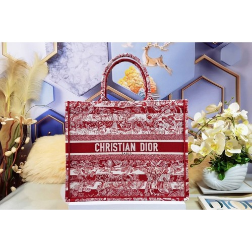 Dior M1286 Christian Dior Large Dior Book Tote Bag in Red Toile de Jouy Reverse Embroidery