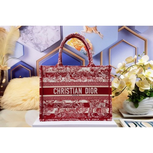 Dior M1286 Christian Dior Medium Dior Book Tote Bag in Red Toile de Jouy Reverse Embroidery