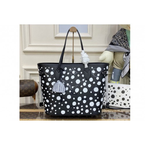 Louis Vuitton M46390 x YK Neverfull MM Bag in Black White Monogram Empreinte leather