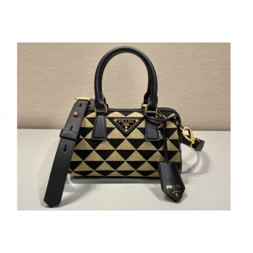 Prada 1BA846 embroidered fabric Boston bag in Black Beige