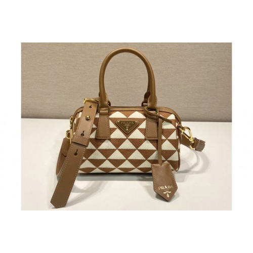 Prada 1BA846 embroidered fabric Boston bag in Brown White