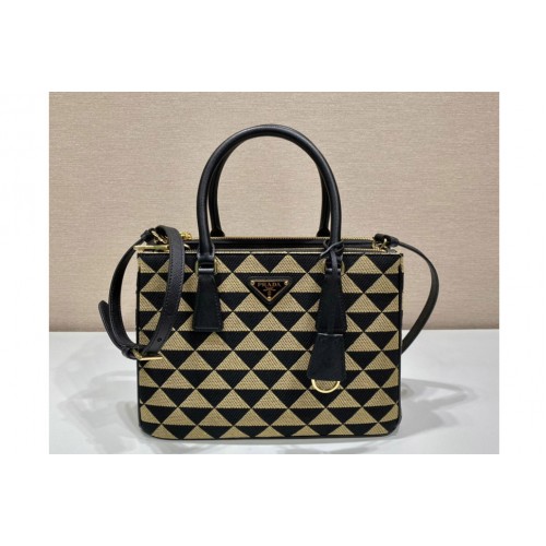 Prada 1BA863 Small Prada Symbole embroidered fabric bag in Black Beige