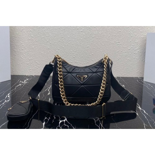 Prada 1BC151 Re-Nylon padded hobo bag in Black Leather Prada 1BC151 Re-Nylon padded hobo bag in Black Leather