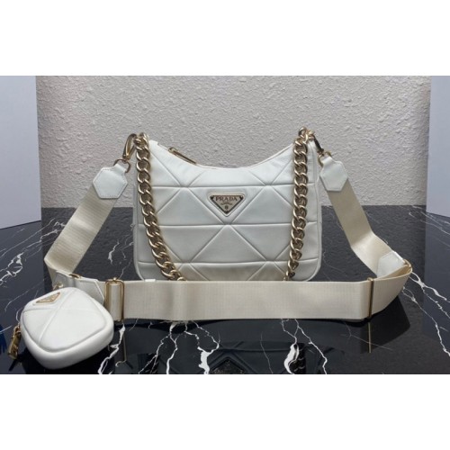 Prada 1BC151 Re-Nylon padded hobo bag in White Leather