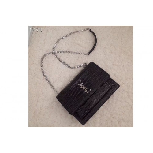 YSL Medium Sunset Monogram Bag Black Crocodile