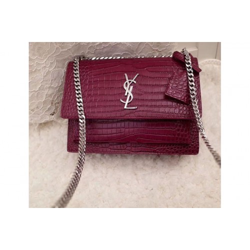 YSL Medium Sunset Monogram Bag Wine Crocodile Leather