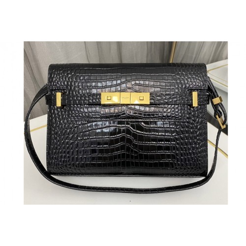 YSL MANHATTAN SMALL SHOULDER BAG IN Black CROCODILE-EMBOSSED LEATHER With Gold Buckle