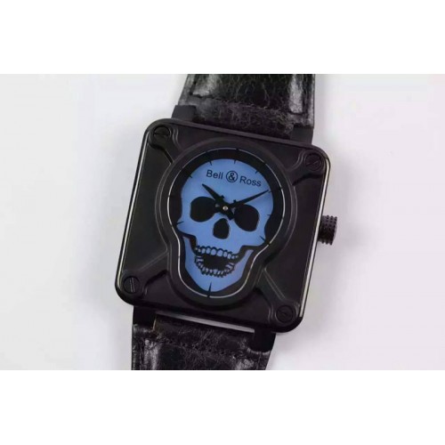 Bell&Ross BR 01 Skull PVD Blue Dial on Black Leather Strap MIYOTA 9015 (Free Rubber Strap)