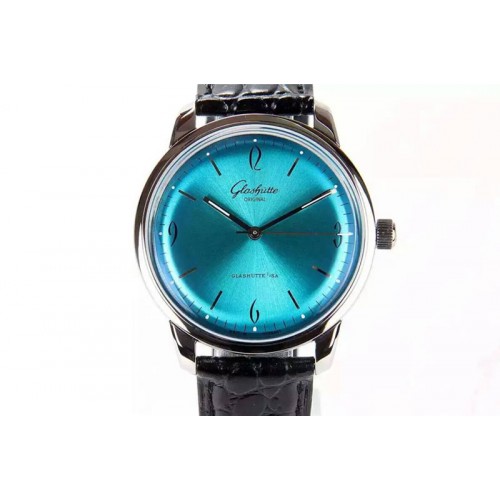 Glashutte The Senator Sixties SS YLF Blue Dial on Brown lizard Leather Strap MIYOTA9015