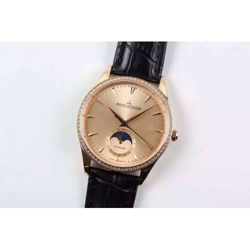 Jaeger-LeCoultre Master Ultra Thin Moon RG Diamonds Bezel YG Dial on Black Leather Strap A925