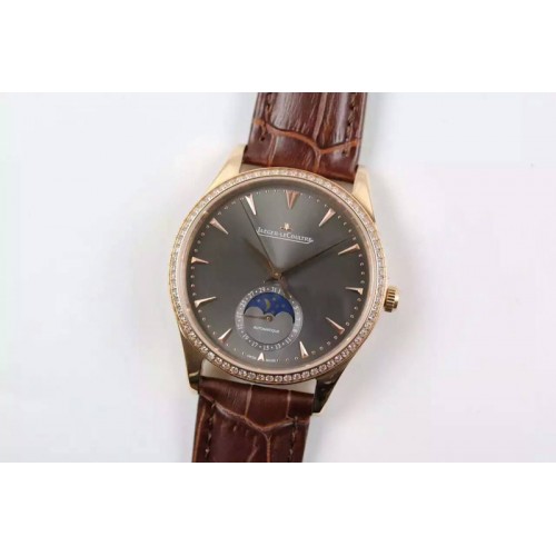 Jaeger-LeCoultre Master Ultra Thin Moon RG Diamonds Bezel Gray Dial on Brown Leather Strap A925