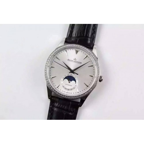 Jaeger-LeCoultre Master Ultra Thin Moon SS Diamonds Bezel Silver Dial on Black Leather Strap A925
