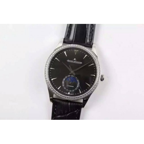 Jaeger-LeCoultre Master Ultra Thin Moon SS Diamonds Bezel Black Dial on Black Leather Strap A925