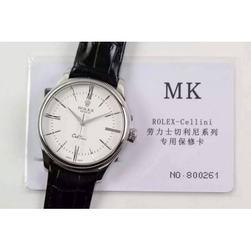 Rolex Cellini 50509 SS White Dial on Black Leather Strap A3132