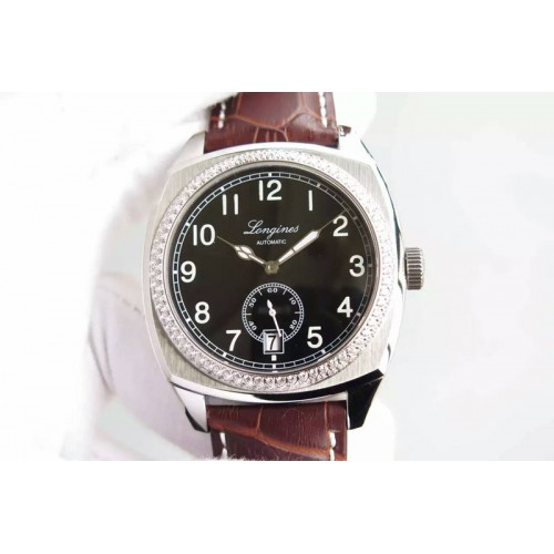 Longines Heritage 1935 SS Black Dial Diamond Bezel on Black Leather Strap A23J