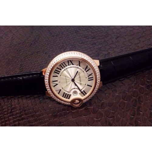 Cartier Ballon Bleu 36mm RG White Dial on Black Leather Strap Swiss ETA2688