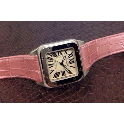 Cartier Santos 100 Midsize SS White Dial on Pink Leather Strap ETA2688