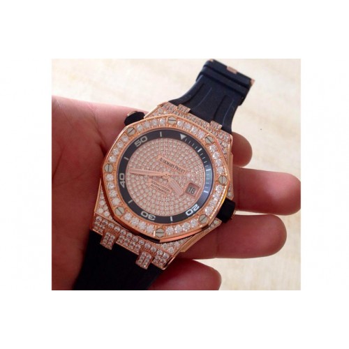 Audemars Piguet Royal Oak Offshore Diver RG Full Paved Diamonds on Rubber Strap A2824