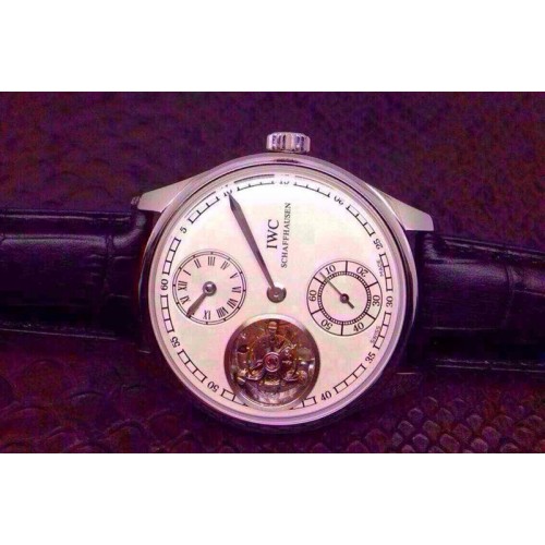 IWC Portuguese Flying Tourbillon SS White Dial 2 Sub Dials on Black Leather Strap