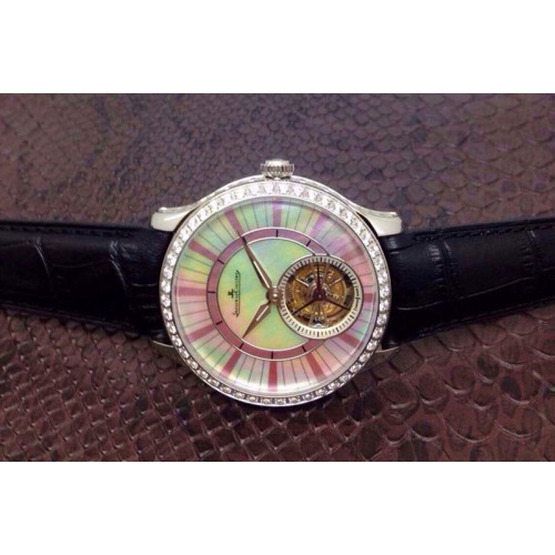 Jaeger-LeCoultre Master Tourbillon SS Diamonds Bezel White MOP Dial on Black Leather Strap