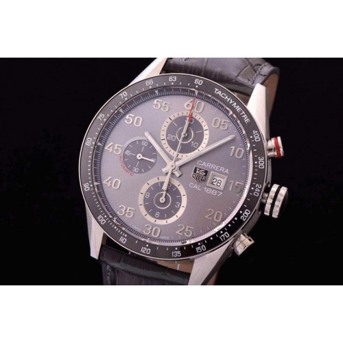 Tag Heuer Carrera Calibre 1887 SS V6F 1:1 Best Edition Ceramic Bezel Gray Dial on Gray Leather Strap CAL1887
