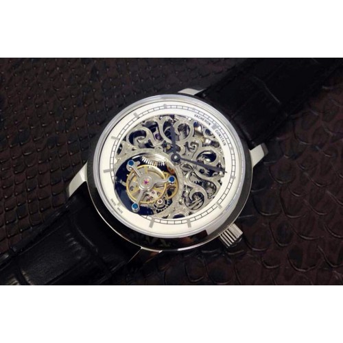 Vacheron Constantin Patrimony Tourbillon SS White Skeleton Dial on Black Leather Strap