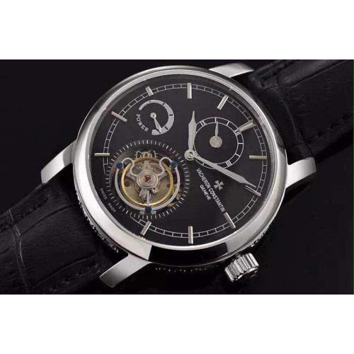 Vacheron Constantin The Patrimony Tourbillon SS Power Reserve TF Best Edition Black Dial on Black Croco Leather Strap
