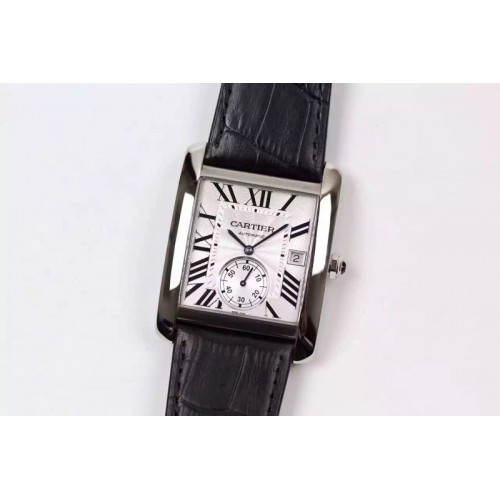 Cartier Tank MC SS White Textured Dial on Black Leather Strap MIYOTA 9015