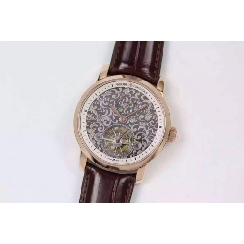 Vacheron Constantin The Patrimony Tourbillon RG TF Best Edition White Inner Bezel Skeleton Dial on Brown Croco Leather Strap Vacheron Constantin The Patrimony Tourbillon RG TF Best Edition White Inner Bezel Skeleton Dial on Brown Croco Leather Strap