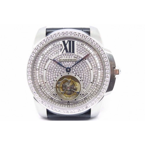 Calibre de Cartier SS Tourbillon Diamonds Dial Diamonds Bezel on Black Leather Strap