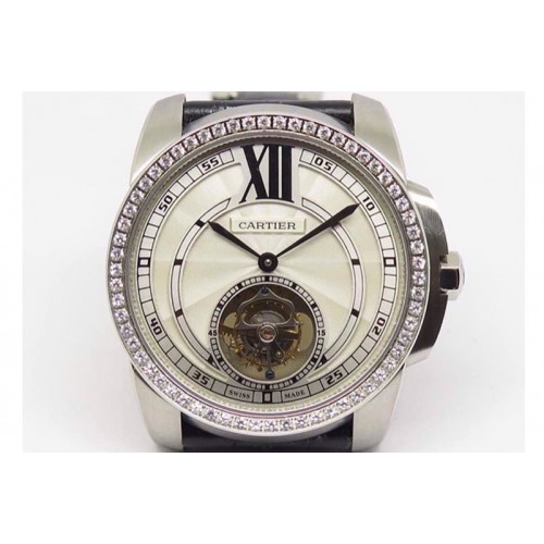 Calibre de Cartier SS Tourbillon White Dial Diamonds Bezel on Black Leather Strap