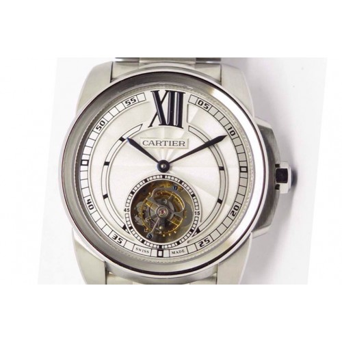 Calibre de Cartier SS Tourbillon White Dial on Steel Strap