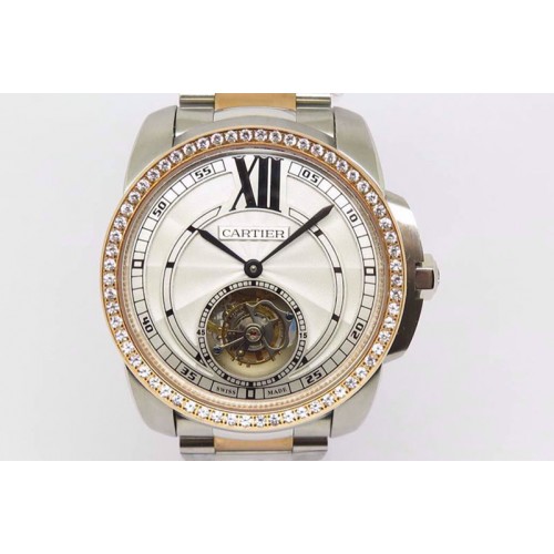 Calibre de Cartier RG Tourbillon White Dial  Diamond Bezel on TT Strap