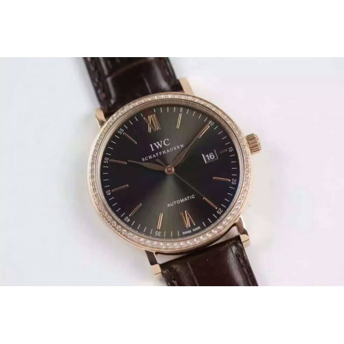 IWC Portofino Automatic Diamond Bezel RG Brown RG Stick Dial on Brown Leather Strap A2892
