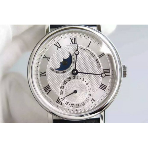 Breguet Classique SS Moonphase White Textured Dial on Black Leather Strap Cal.5165R Movement