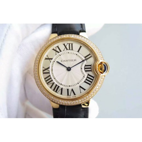 Cartier Ballon Bleu 40mm YG Diamond Bezel White Texture Dial on Brown Leather Strap MIYOTA9015