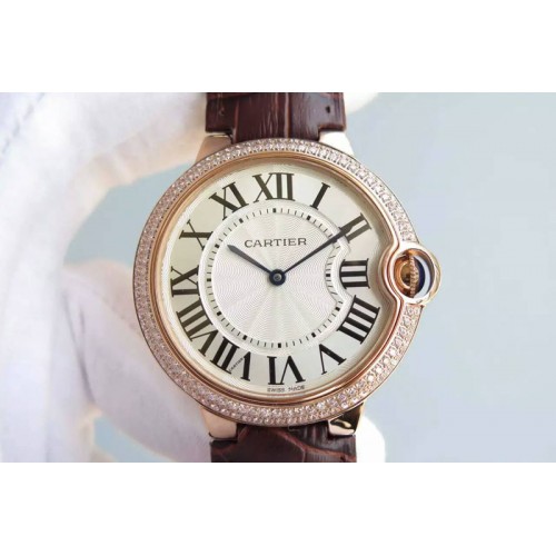 Cartier Ballon Bleu 40mm RG Diamond Bezel White Texture Dial on Brown Leather Strap MIYOTA9015