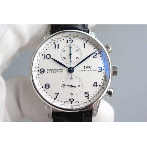 IWC Portuguese Chrono SS Diamonds Case White Dial Blue Hand on Black Leather Strap A7750