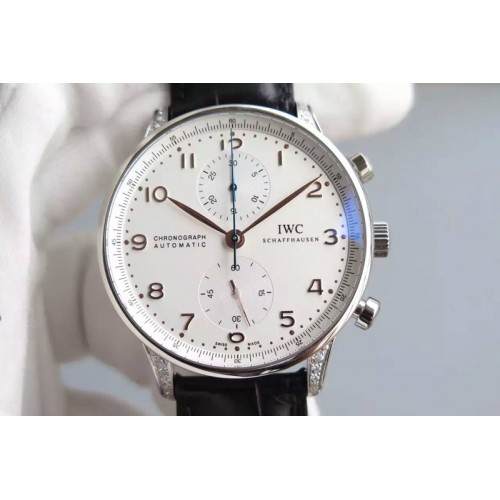 IWC Portuguese Chrono SS Diamonds Case White Dial Gold Hand on Black Leather Strap A7750