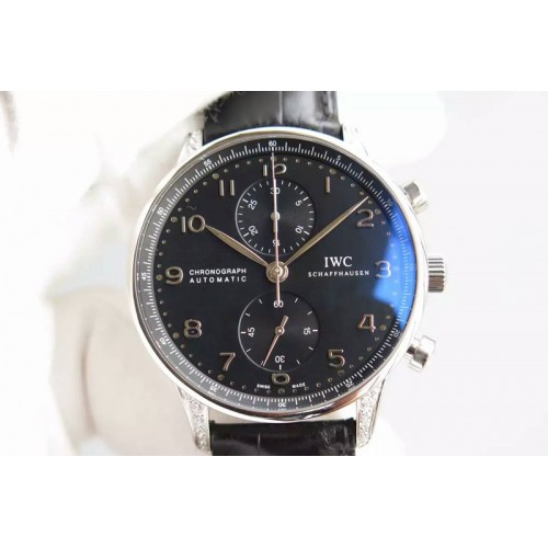 IWC Portuguese Chrono SS Diamonds Case Black Dial on Black Leather Strap A7750