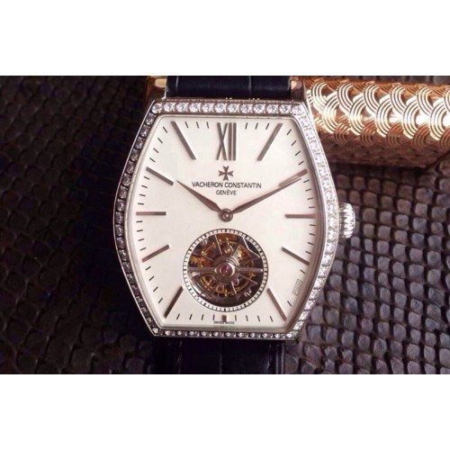 Vacheron Constantin Malte Tourbillon SS White Dial Diamonds Bezel on Black Croco Leather Strap