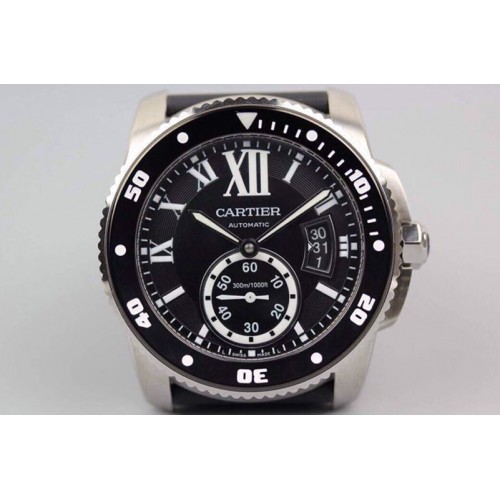 Calibre de Cartier Diver TF 1:1 Best Edition SS Black Dial on Black Rubber Strap MIYOTA Movement
