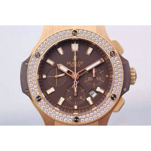 Hublot Big Bang 44mm Gold Diamond Bezel Brown Dial V6 on Brown Rubber Strap HUB4104