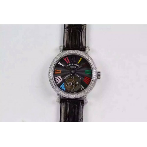 Franck Muller Color Dreams Tourbillon SS Diamonds Bezel Roman Numerals Markers Black Dial on Black Croco Leather Strap Franck Muller Color Dreams Tourbillon SS Diamonds Bezel Roman Numerals Markers Black Dial on Black Croco Leather Strap