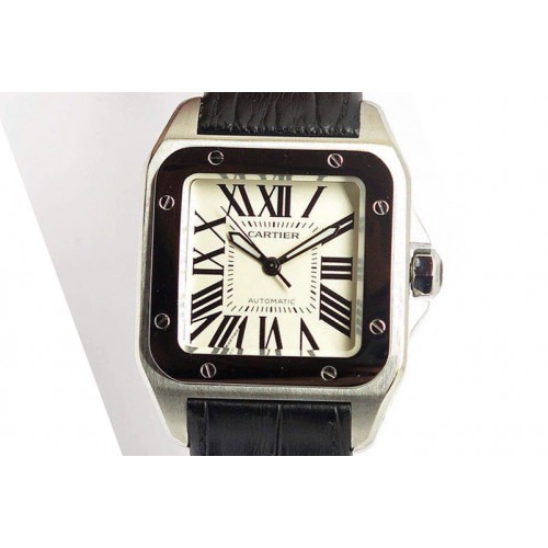 Cartier Cartier Santos 100 Mens size SS White Dial on Black Leather Strap ETA2824