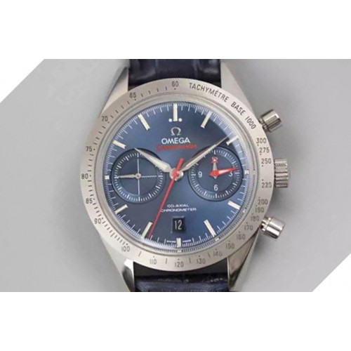 Omega Speedmaster �57 SS Chrono AXF Best Edition Blue Dial on Blue Leather Strap A7750