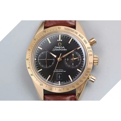 Omega Speedmaster �57 SS Chrono AXF Best Edition RG Bezel Black Dial on Brown Leather Strap A7750