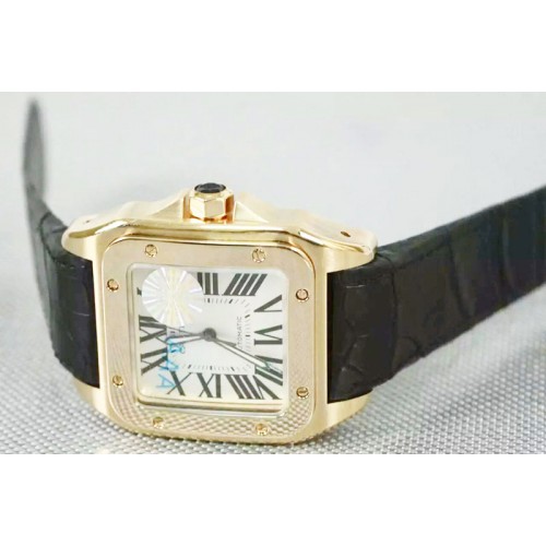 Cartier Santos 100 men 18K Rose Gold Wrapped White Dial Black Rubber Strap A2836-2